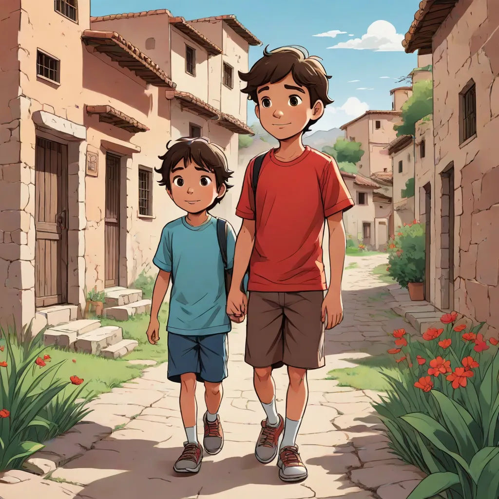 a boy and a boy walking down a street holding hands and looking at the camera with a building in the background, les nabis, a comic book panel, Brothers Hildebrandt, official art