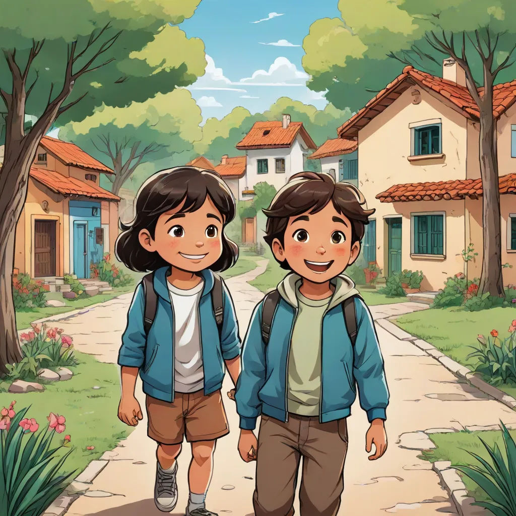 two children walking down a path in front of a house with a red roof and a blue jacket on, paris school, a storybook illustration, Diego Gisbert Llorens, comic cover art