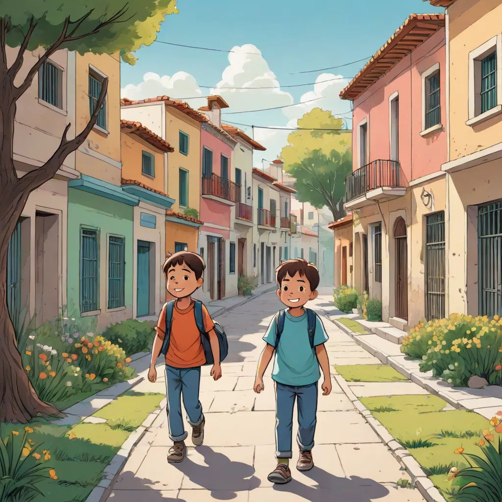 two children walking down a street in a cartoon style with buildings in the background and a tree in the foreground, plein air, a storybook illustration, Diego Gisbert Llorens, official art