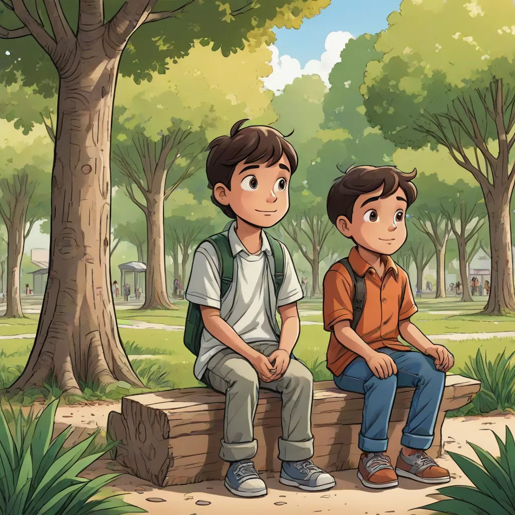 two boys sitting on a bench in a park with trees and grass behind them, one of them is looking at the camera, serial art, a storybook illustration, Diego Gisbert Llorens, official art