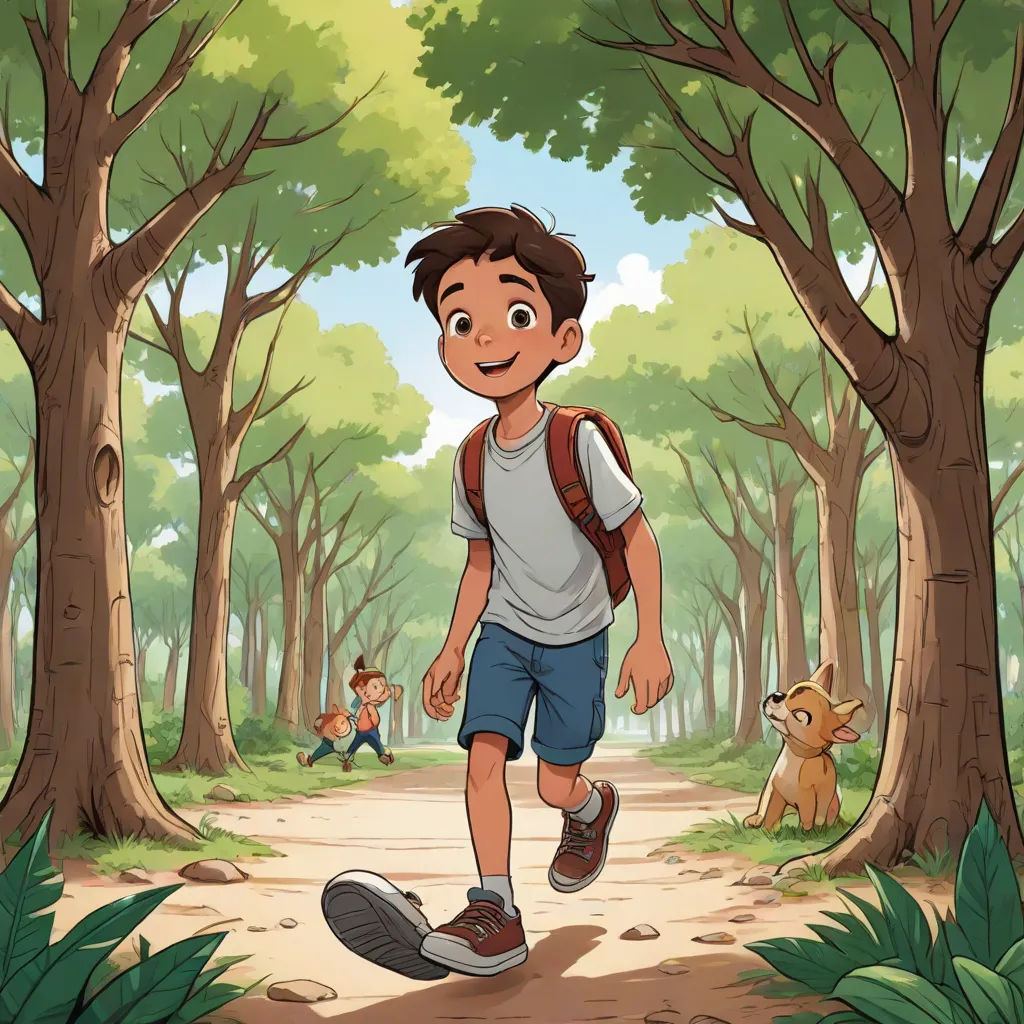 a boy walking through a forest with a backpack on his back and a dog on the ground behind him, serial art, a storybook illustration, Asaf Hanuka, official art