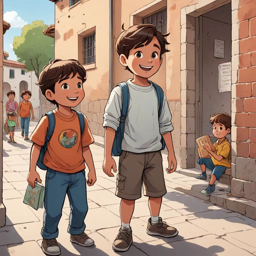 two young boys standing on a sidewalk in front of a building with a sign that says, don't walk, paris school, a storybook illustration, Diego Gisbert Llorens, official art