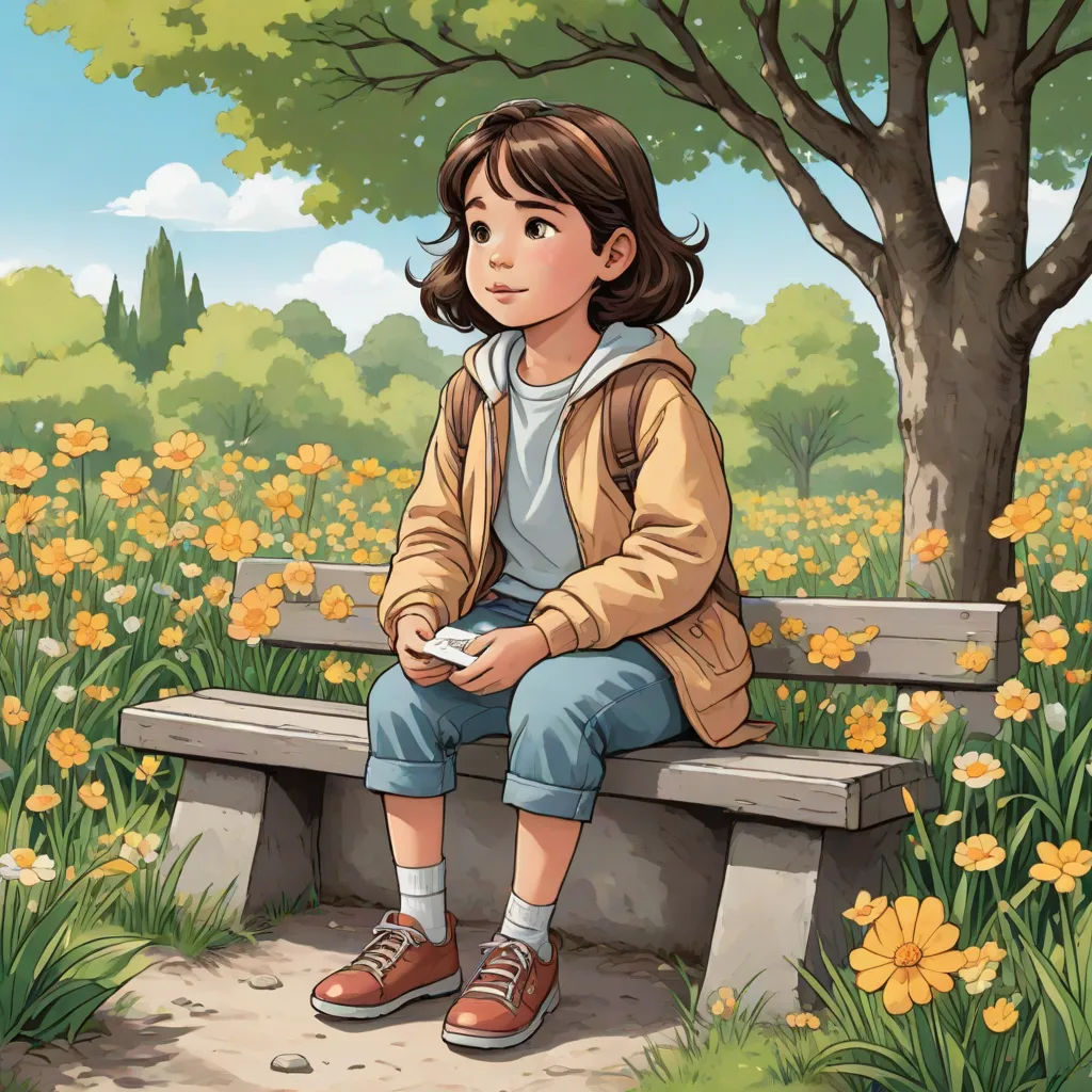 a girl sitting on a bench in a park with flowers in the background and a tree in the foreground, plein air, a storybook illustration, Aaron Jasinski, official art