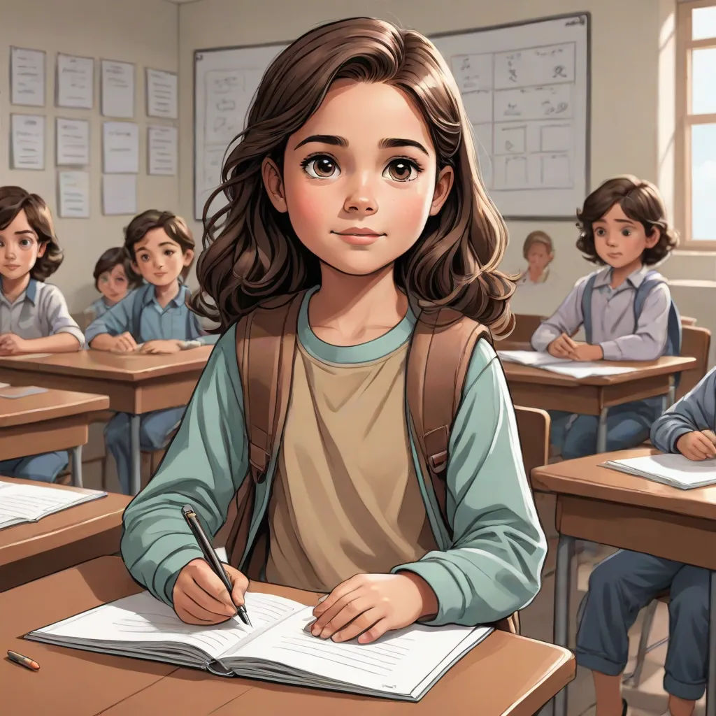 a girl sitting at a desk with a book and pen in front of her and a group of other children, paris school, a comic book panel, Cliff Childs, official art