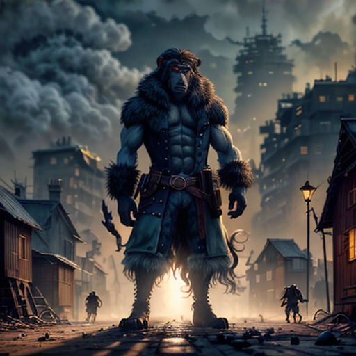 a man in a costume standing in a street with a giant gorilla on his back and a city in the background
