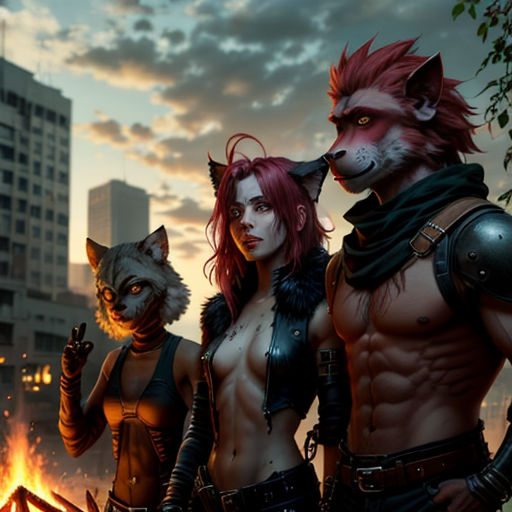 a couple of people standing next to each other near a fire pit with a cat on it's chest