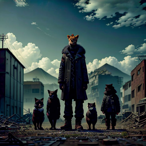 a man standing in front of a group of cats in a city street with a sky background and clouds