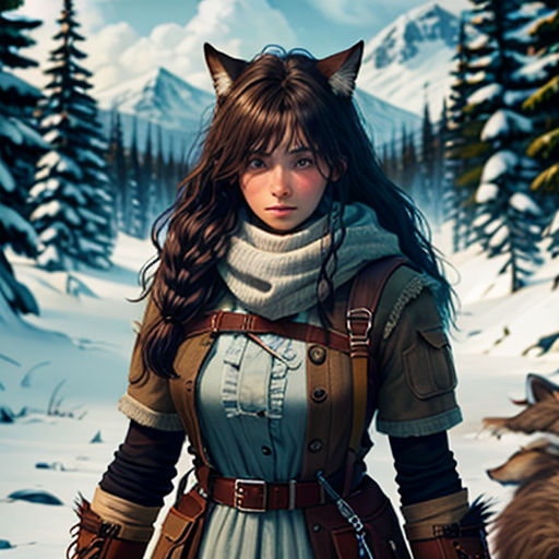 a woman in a dress and a wolf in the background with a mountain in the background and a forest in the foreground