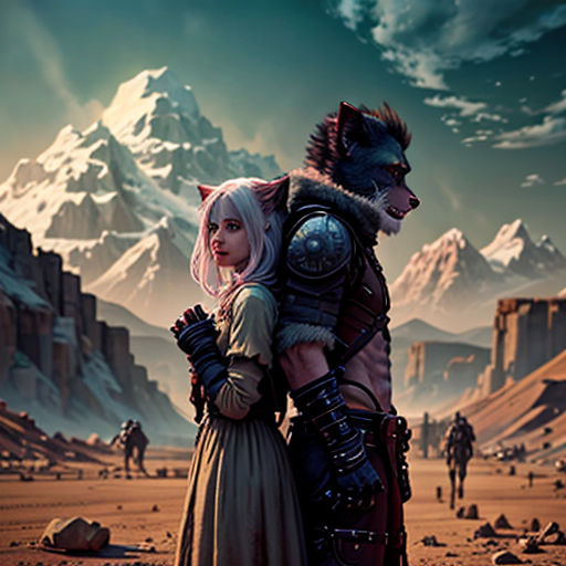 a couple of people standing in the desert with a mountain in the background and a sky with clouds above