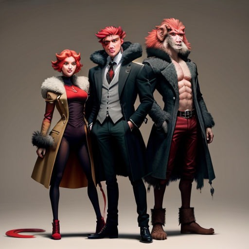 a group of people standing next to each other in a photo studio with a red hair and a beard
