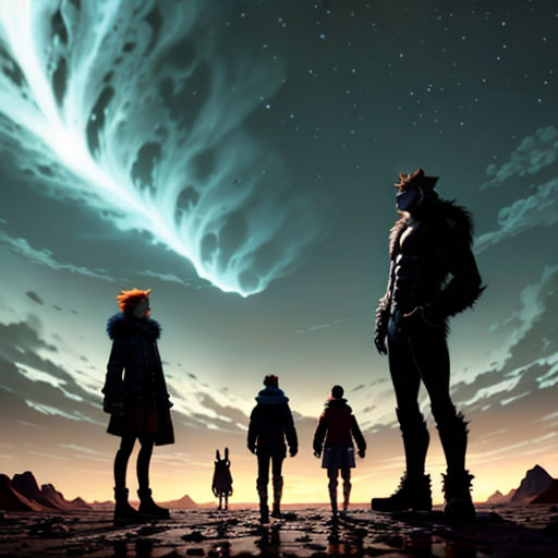 a group of people standing on top of a rocky hillside under a sky filled with clouds and stars,