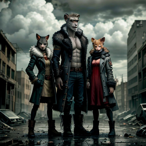 a group of people standing next to each other in a street with buildings and clouds in the background and a cat on the ground