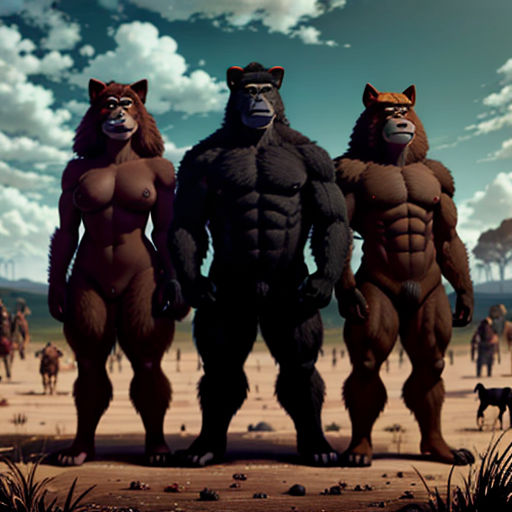 three gorillas standing in a desert with a sky background and clouds in the background, with a dog in the foreground