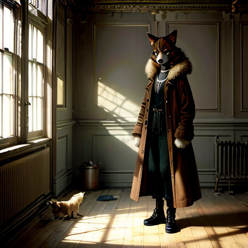a man in a coat and a dog in a room with windows and a raccoon on the floor