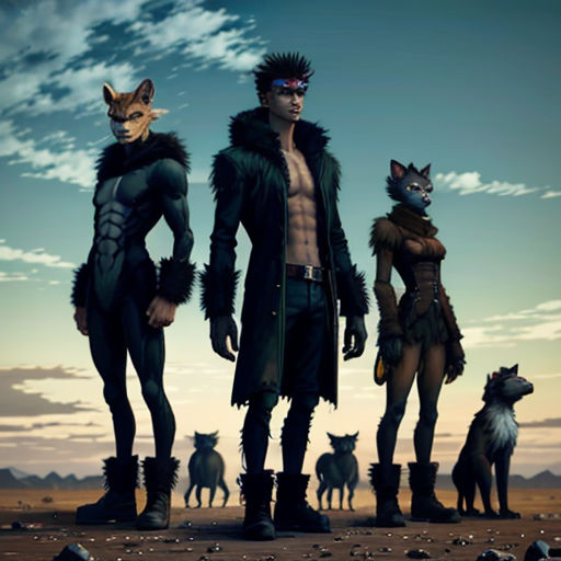 a group of people standing next to each other on a desert field with animals around them and a sky background