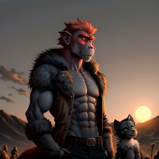 a man with a furry coat standing next to a cat in a desert area with mountains in the background
