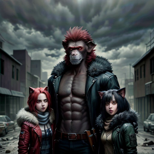 a man and two women standing next to each other in front of a dark sky with clouds and a demon