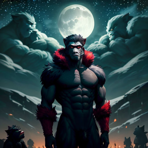 a man in a wolf costume standing in front of a full moon and clouds with a red cape on