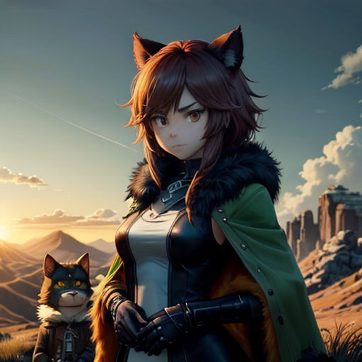 a woman in a cat outfit standing next to a cat in a field with mountains in the background and a sunset