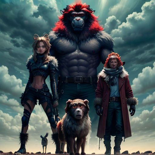 a man and woman standing next to a dog in front of a giant gorilla and a wolf in the sky