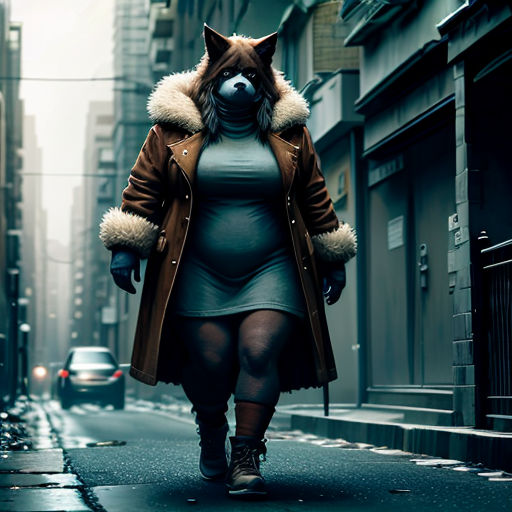 a woman walking down a street with a dog mask on her face and a coat over her head,