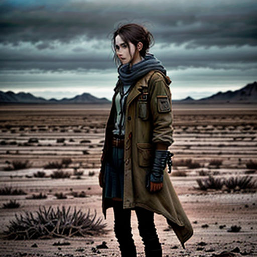a woman standing in the middle of a desert with a cloudy sky behind her and a desert landscape in the background