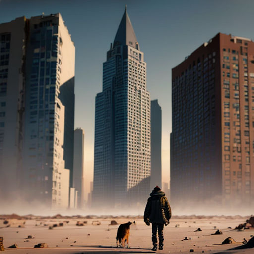a man walking a dog on a sandy beach in front of tall buildings in the distance, with a dog on the ground