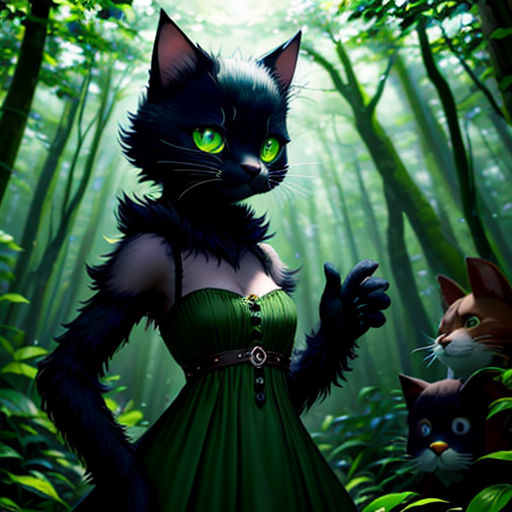 a cat and a cat in a forest with green eyes and a green dress on, and a cat in the foreground
