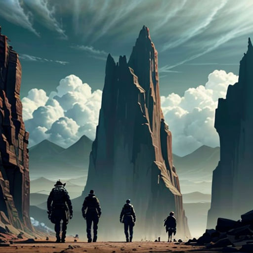 a group of people walking through a desert under a cloudy sky with mountains in the background and clouds in the sky