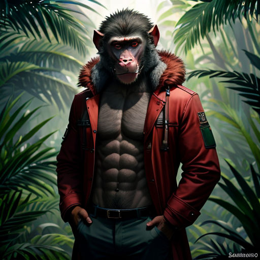 a man in a red jacket with a monkey on his head and a monkey on his chest, standing in front of a jungle
