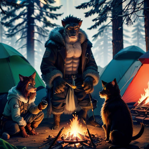 a man standing next to a fire in a forest with cats sitting around it and tents in the background