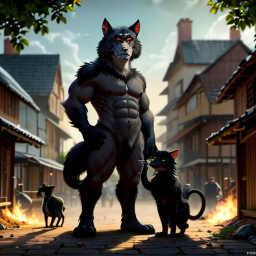 a cartoon of a man with a cat and a cat on a street with houses in the background and a fire in the air