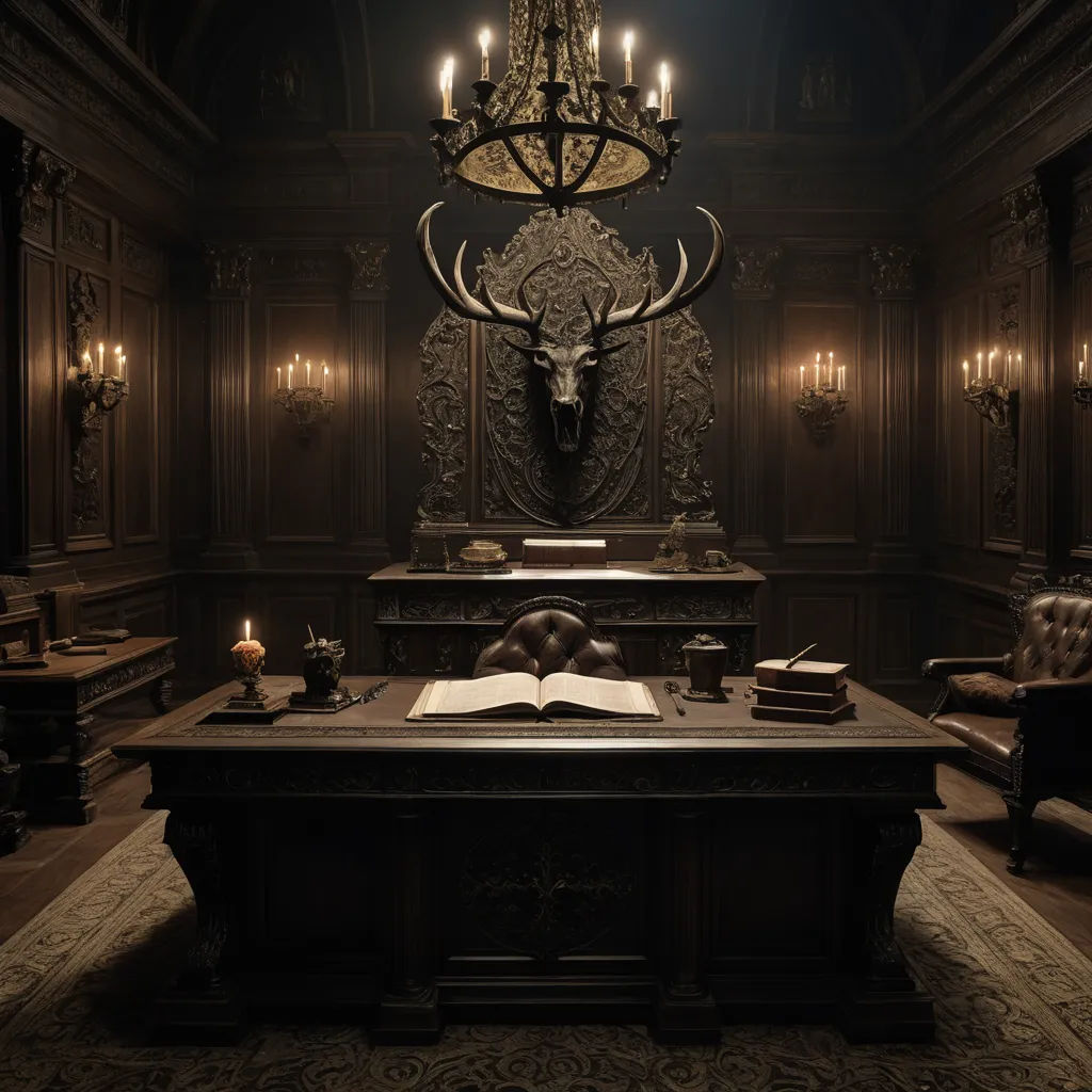 a desk with a book and a deer head on it in a room with a chandelier and a chandelier, baroque, a detailed matte painting, Akihiko Yoshida, unreal engine render