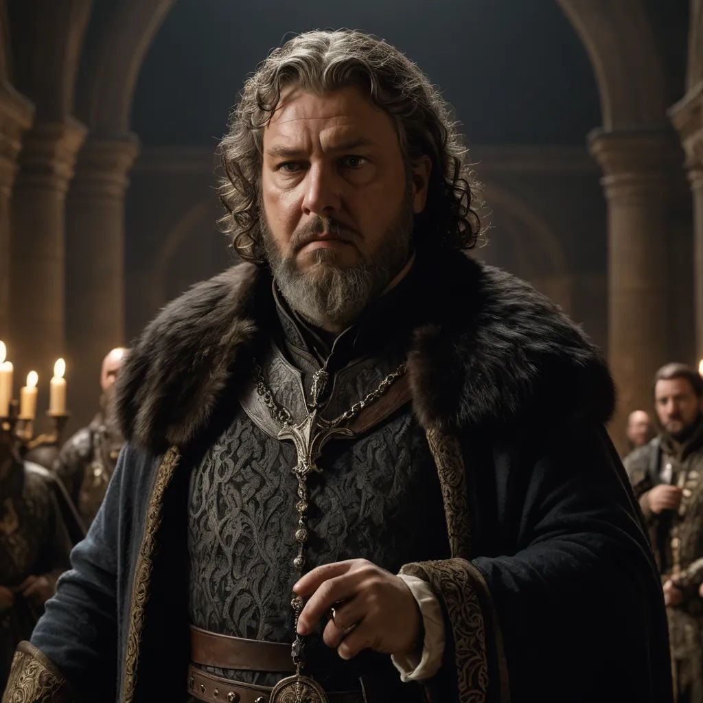 a man in a fur coat and a crown stands in a room full of people, with candles in the background, renaissance, a flemish Baroque, Edward Otho Cresap Ord, II, promotional image