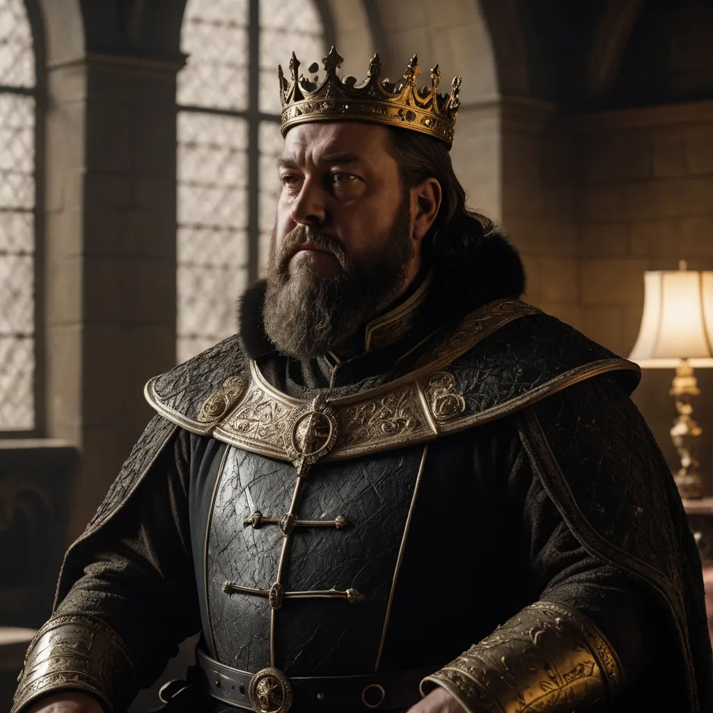 a man in a crown and a suit of armor in a room with a lamp on the floor and a window, dau-al-set, a character portrait, Edward Otho Cresap Ord, II, promotional image