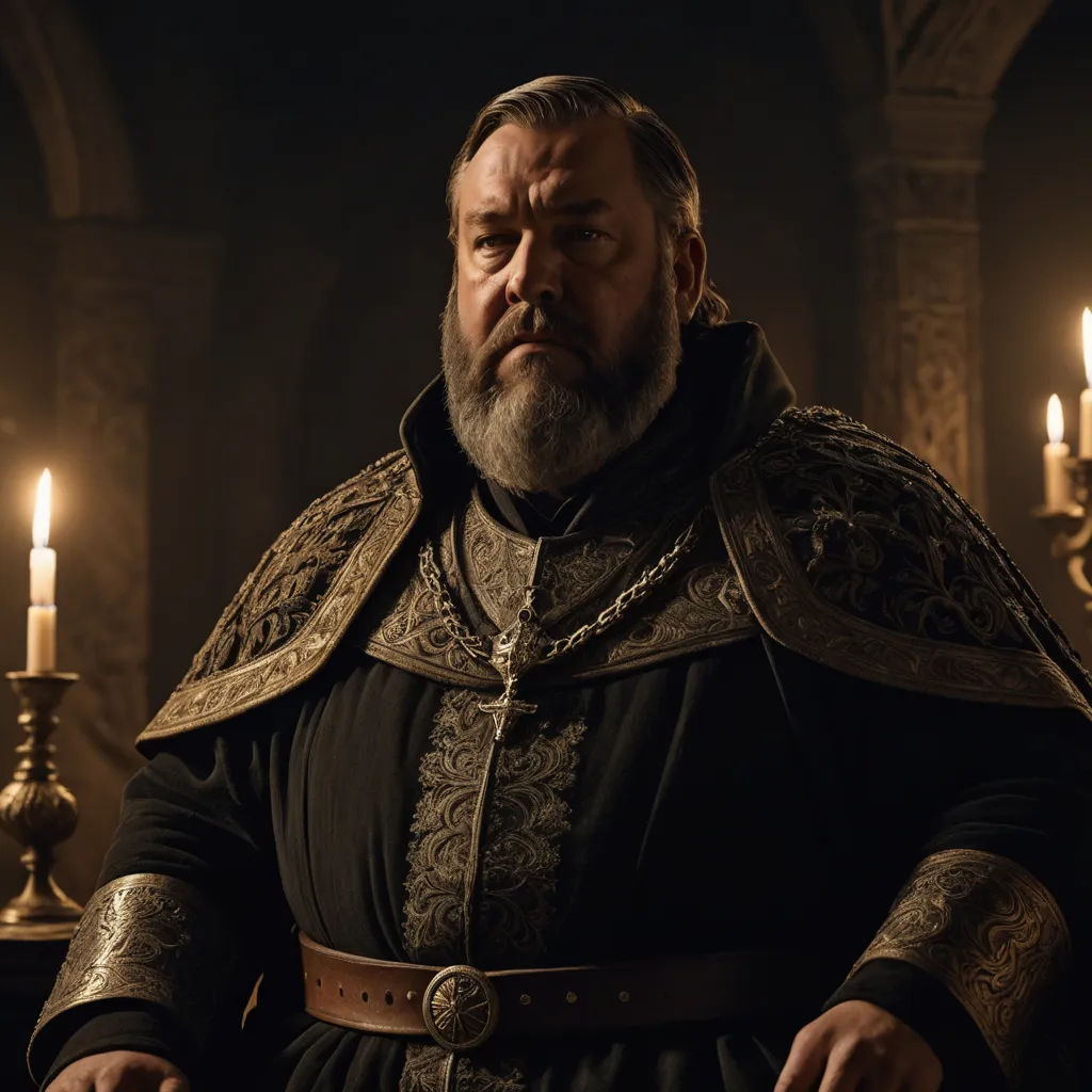 a man in a black outfit with a beard and a beard ring and a candle in the background with a candle lit room in the background, renaissance, a character portrait, Clovis Trouille, promotional image