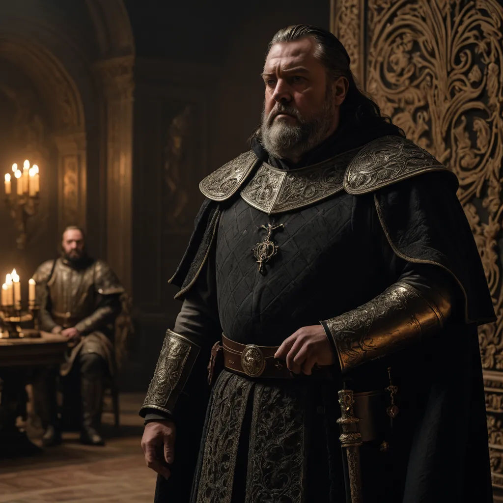 a man in a black and gold outfit standing in a room with a table and two men in gold and black outfits, antipodeans, a flemish Baroque, Clovis Trouille, promotional image