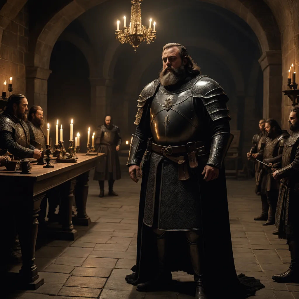 a man in a medieval outfit standing in a room with other men in the background and a chandelier, renaissance, a renaissance painting, Clovis Trouille, promotional image