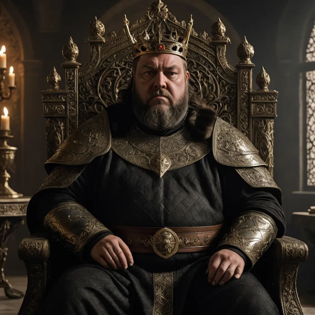a man in a black and gold outfit sitting on a gold throne with a candle in the background and a candle lit room behind him, unilalianism, a character portrait, Clovis Trouille, promotional image