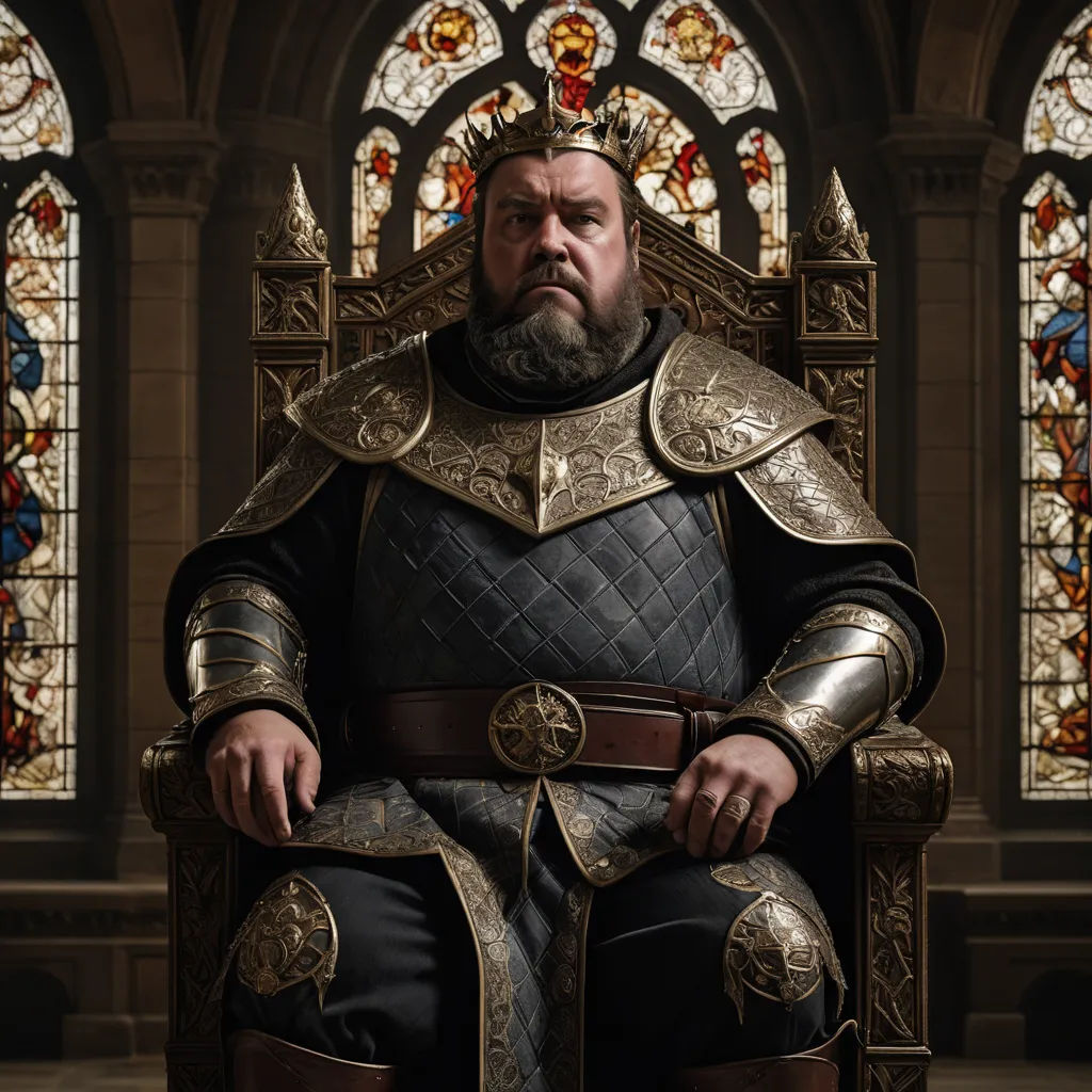a man in a suit of armor sitting in a chair in front of stained glass windows in a church, sots art, a character portrait, Clovis Trouille, epic fantasy character art