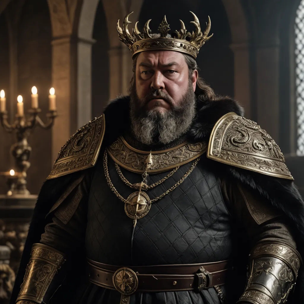 a man in a crown and a black outfit with a beard and a beard standing in a church with candles, sots art, a character portrait, Edward Otho Cresap Ord, II, trending on artstation hq