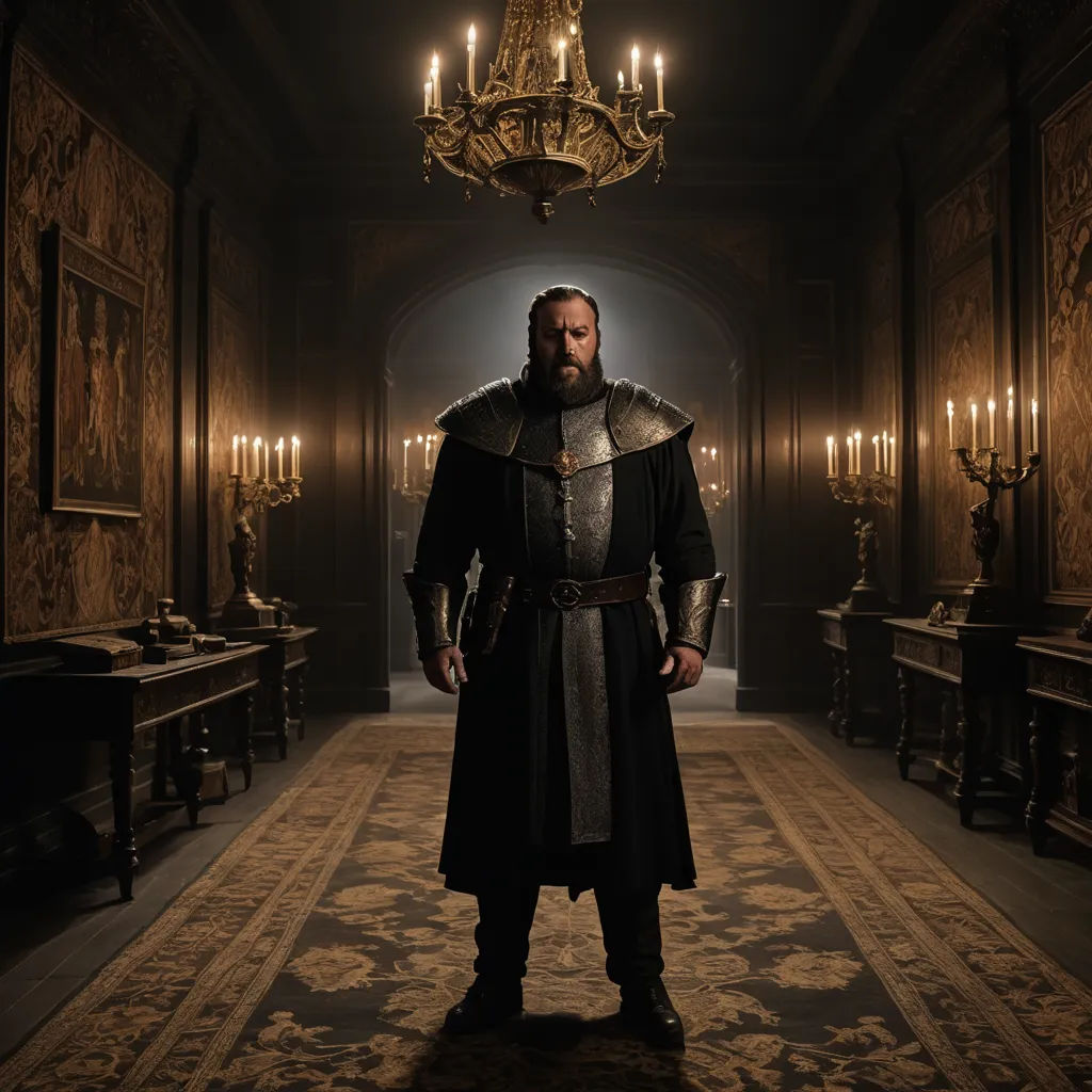 a man in a medieval costume standing in a hall with a chandelier above him and a chandelier hanging from the ceiling, renaissance, a flemish Baroque, Artur Tarnowski, promotional image