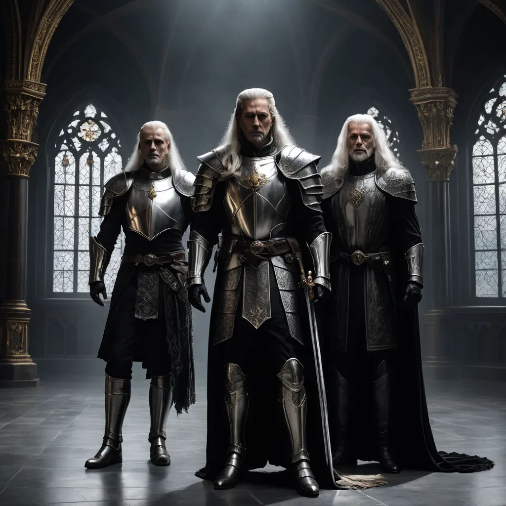 three men in medieval costumes standing in a dark room with a light shining through the windows and a stone floor, antipodeans, concept art, Edi Rama, epic fantasy character art