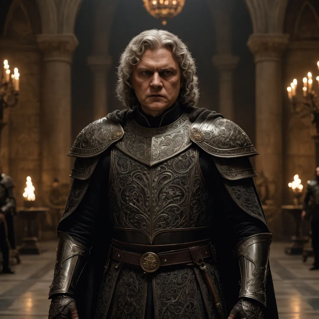 a man in a suit of armor standing in a hall with other men in the background and lights on, antipodeans, a flemish Baroque, Artur Tarnowski, weta digital