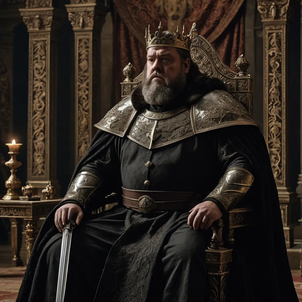 a man in a black and gold outfit sitting on a chair with a sword in his hand and a crown on his head, antipodeans, a character portrait, Clovis Trouille, promotional image