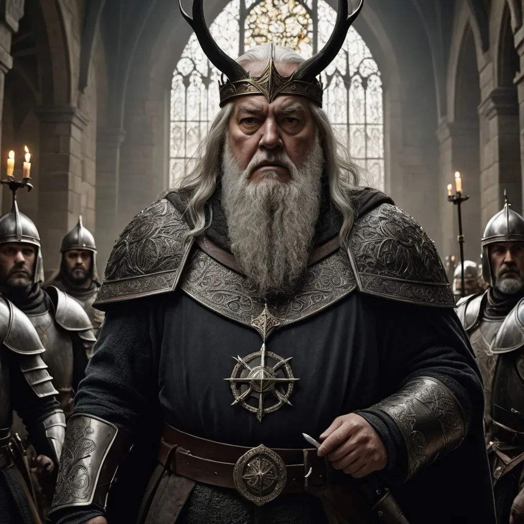 a group of men in medieval costumes standing in a church with horns on their heads and a star on their forehead, antipodeans, a detailed matte painting, Dirk Crabeth, weta digital