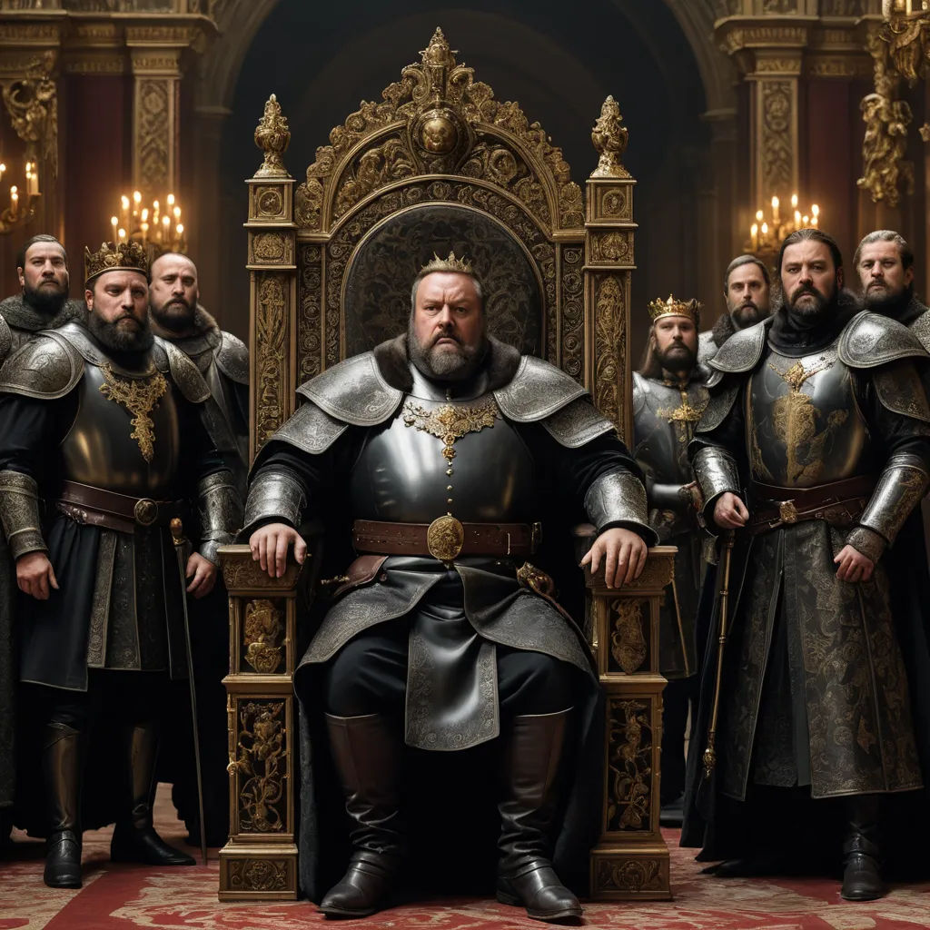 a group of men in armor standing in front of a throne with a man sitting on it and a man standing behind them, antipodeans, a poster, Artur Tarnowski, promotional image