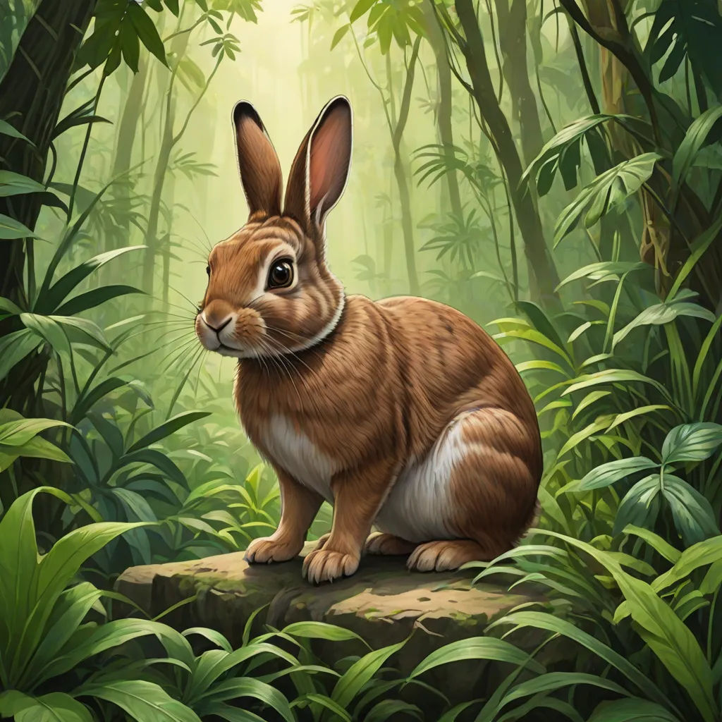 a rabbit sitting on a rock in a forest with green plants and trees around it, looking up at the camera, fantasy art, a digital painting, Chris LaBrooy, rossdraws global illumination