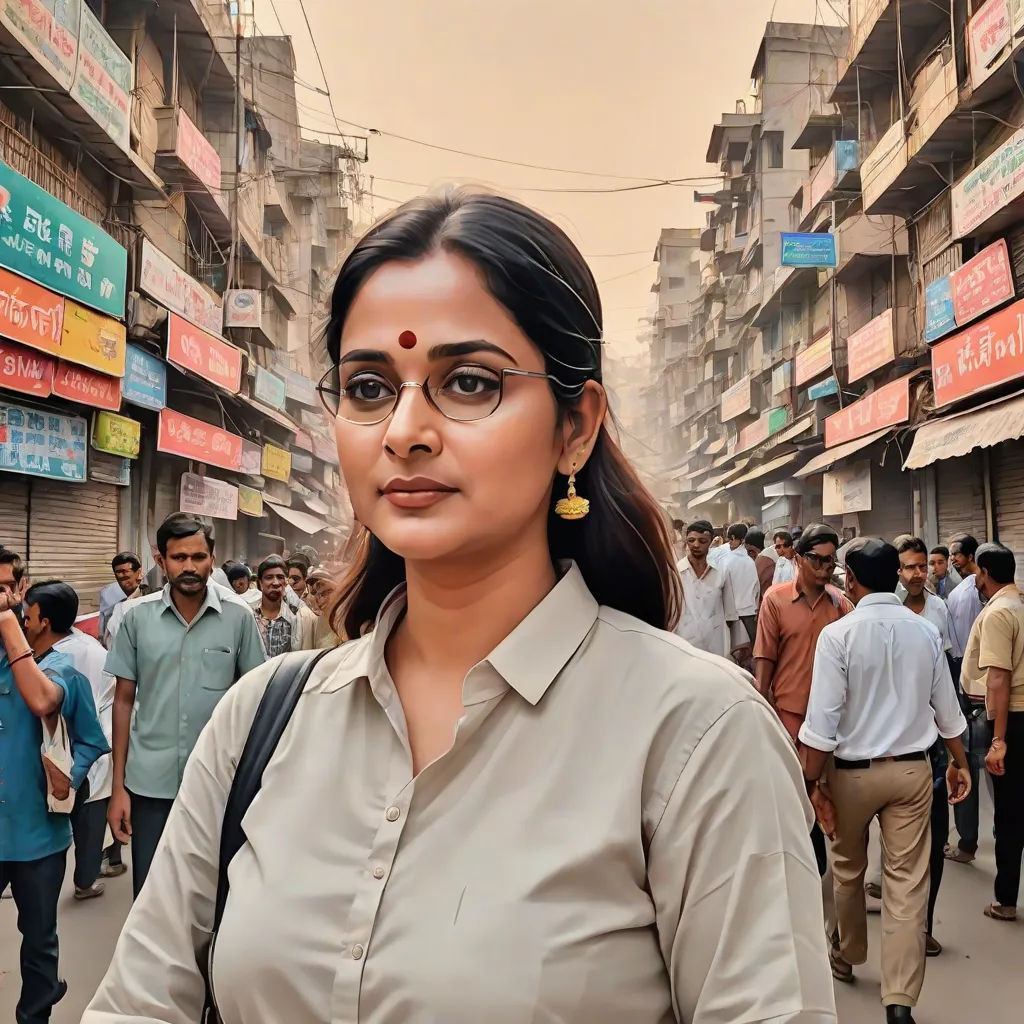 a woman in a shirt and glasses standing in a crowded street with people walking around her and a man in a blue shirt, samikshavad, a detailed matte painting, Ella Guru, movie still frame