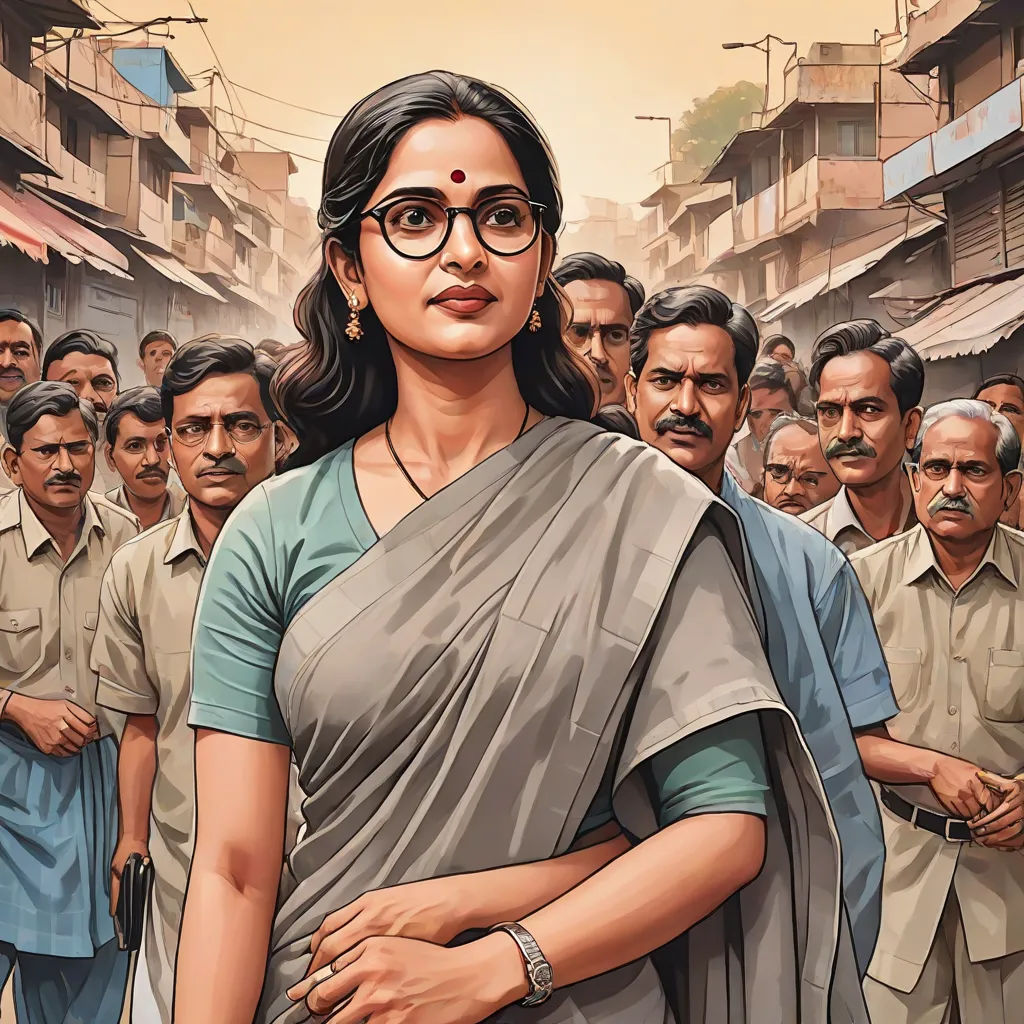 a painting of a woman in a sari with a group of men in the background looking at her, samikshavad, poster art, Ella Guru, official art